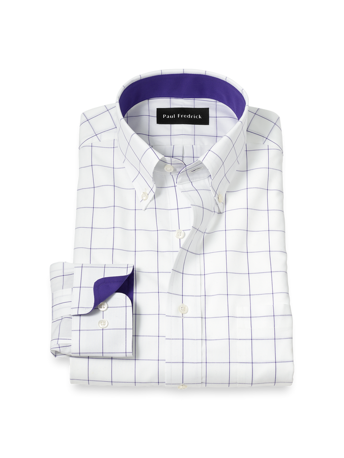 Product Image of Non-iron Cotton Windowpane Dress Shirt With Contrast Trim-Purple