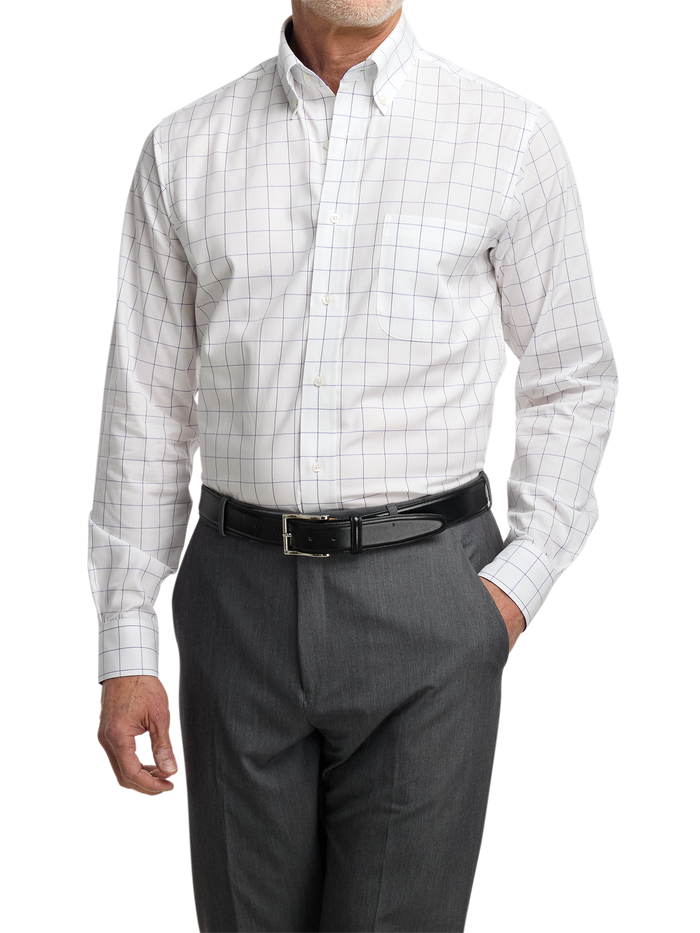 Non-Iron Cotton Windowpane Dress Shirt With Contrast Trim - Purple