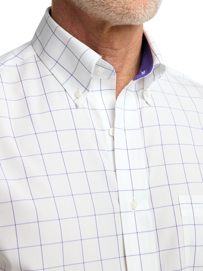 Non-Iron Cotton Windowpane Dress Shirt With Contrast Trim - Purple