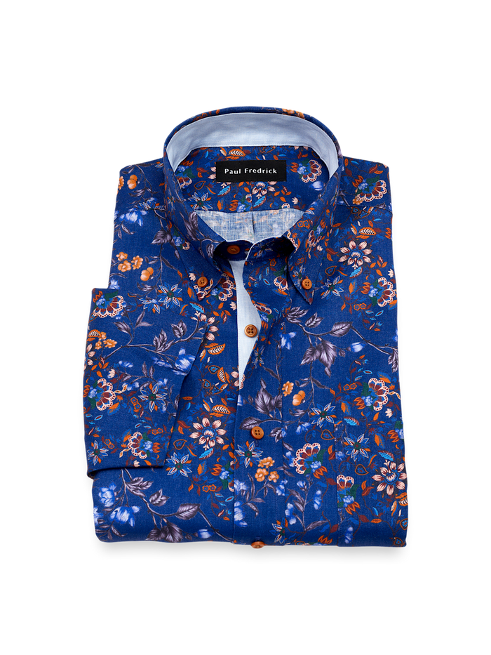 Product Image of Non-iron Linen Floral Dress Shirt With Contrast Trim-Cobalt