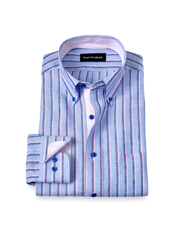 Product Image of Non-iron Linen Stripe Dress Shirt With Contrast Trim-Blue/Pink