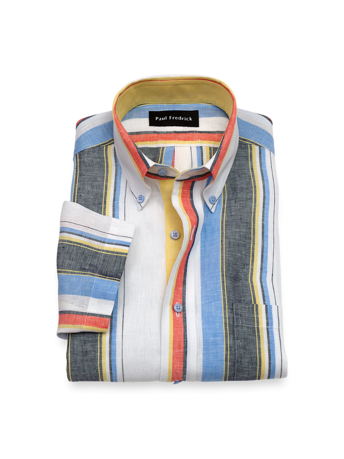 Product Image of Non-iron Linen Stripe Dress Shirt With Contrast Trim-White Multi