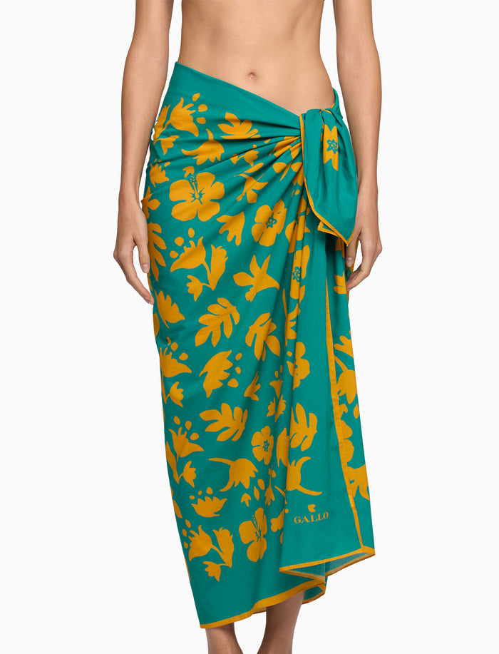 Pareo donna cotone fantasia fiori su fondo color pavone - Gallo 1927 - Official Online Shop