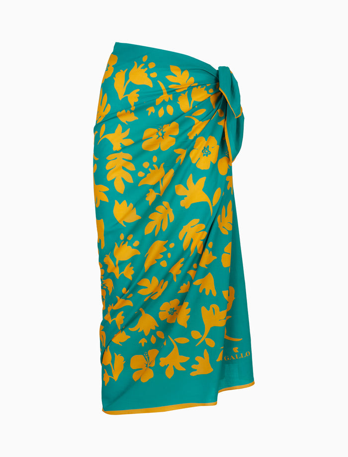 Pareo donna cotone fantasia fiori su fondo color pavone - Gallo 1927 - Official Online Shop