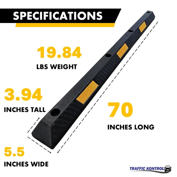Parking Curb Block - 6 ft Long Wheel Stop - Yellow / Black Striped Rubber