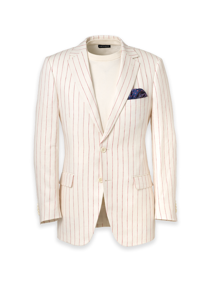 Product Image of Pinstripe Linen Single Breasted Notch Lapel Suit Jacket-White/Red