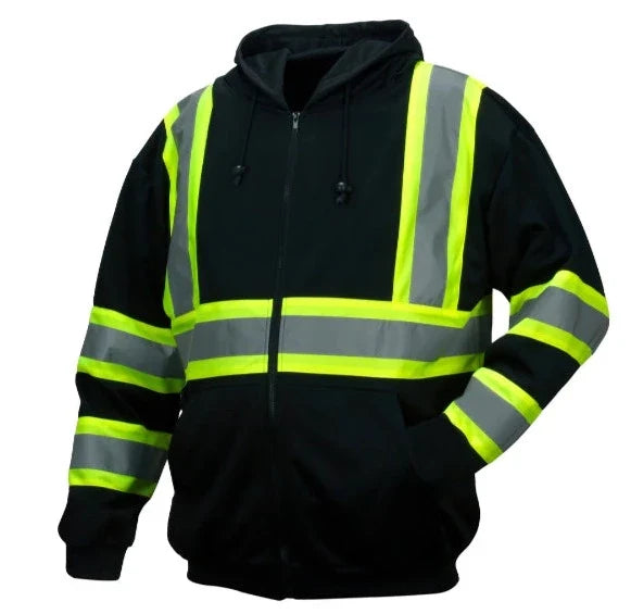 Pyramex Enhanced Visibility Black Safety Zipper Sweatshirt Hoodie - ANSI Class 1 - RSZH34