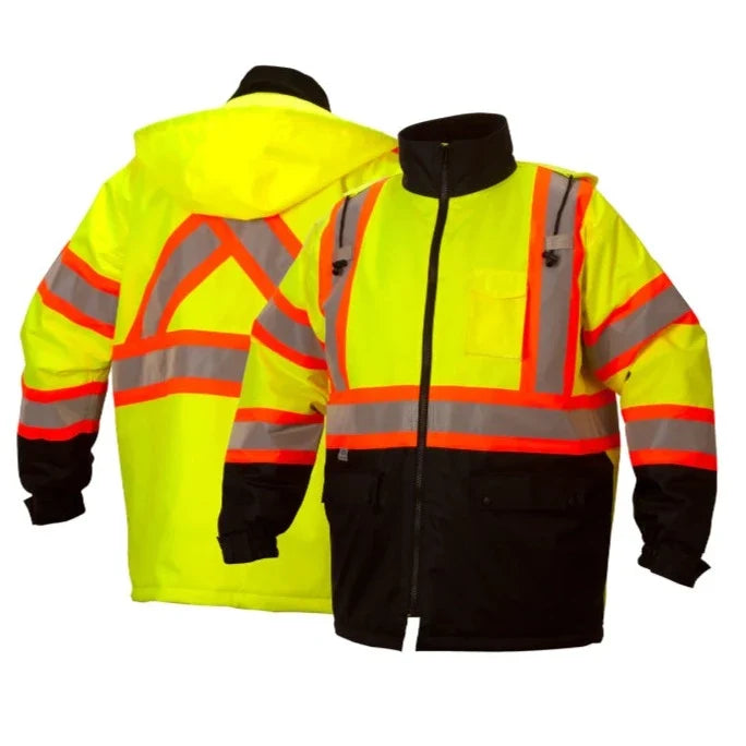 Pyramex Hi Vis Waterproof Parka - Quilted Lining Black Bottom Safety Jacket - X-Back - ANSI Class 3 - RCP32