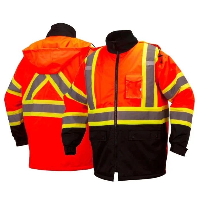 Pyramex Hi Vis Waterproof Parka - Quilted Lining Black Bottom Safety Jacket - X-Back - ANSI Class 3 - RCP32