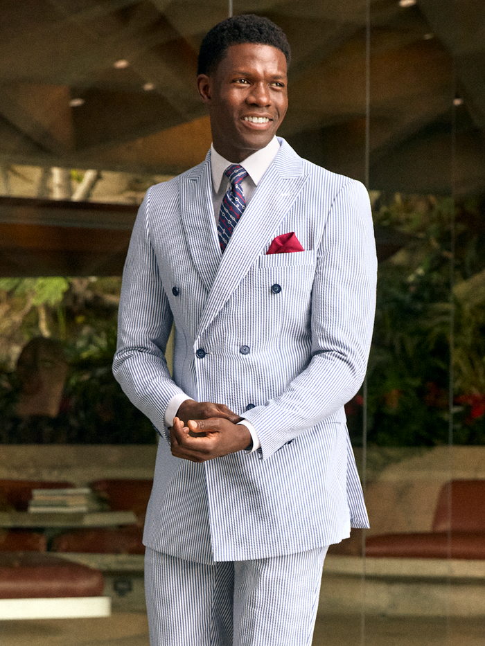 Alternate Image of Stripe Seersucker Double Breasted Peak Lapel Suit Jacket-7