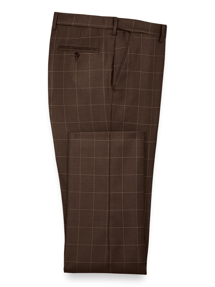 Product Image of Tailored Fit Essential Wool Flat Front Pants-Brown Windowpane