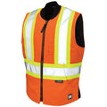 Orange safety vest with reflective stripes on a white background