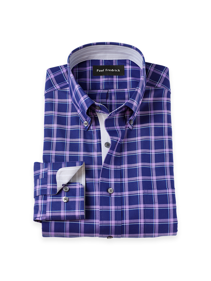 Product Image of Traveler Cotton Blend Check Dress Shirt With Contrast Trim-Purple