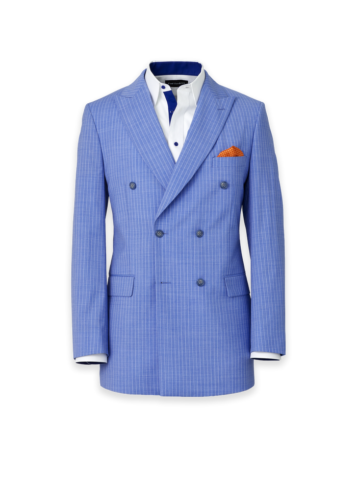 Wool Blend Pinstripe Double Breasted Peak Lapel Suit Jacket - Blue