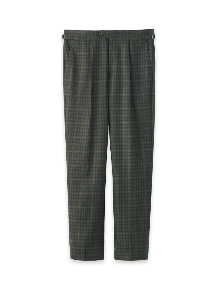 Wool Plaid Single Pleat Side Tab Pant - Green